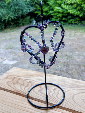 Heart with Amethyst heart,Black & Lavender Aura Quartz  Sun Catcher on stand.