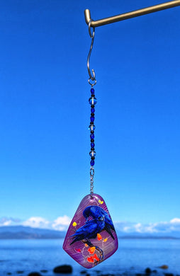 Raven couple on purple Agate Stone, Sun Catcher with stand - Echo of a stone