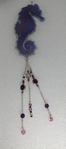 Seahorse with Amethyst & Lavender Aura Quartz  - Recycled/Upcycled Glass