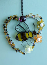 Load image into Gallery viewer, Sun Catcher- Stained Glass Bee in heart -Echo of a Stone