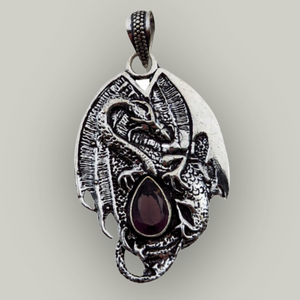 925 Sterling Silver, Dragon with Amethyst, Pendant