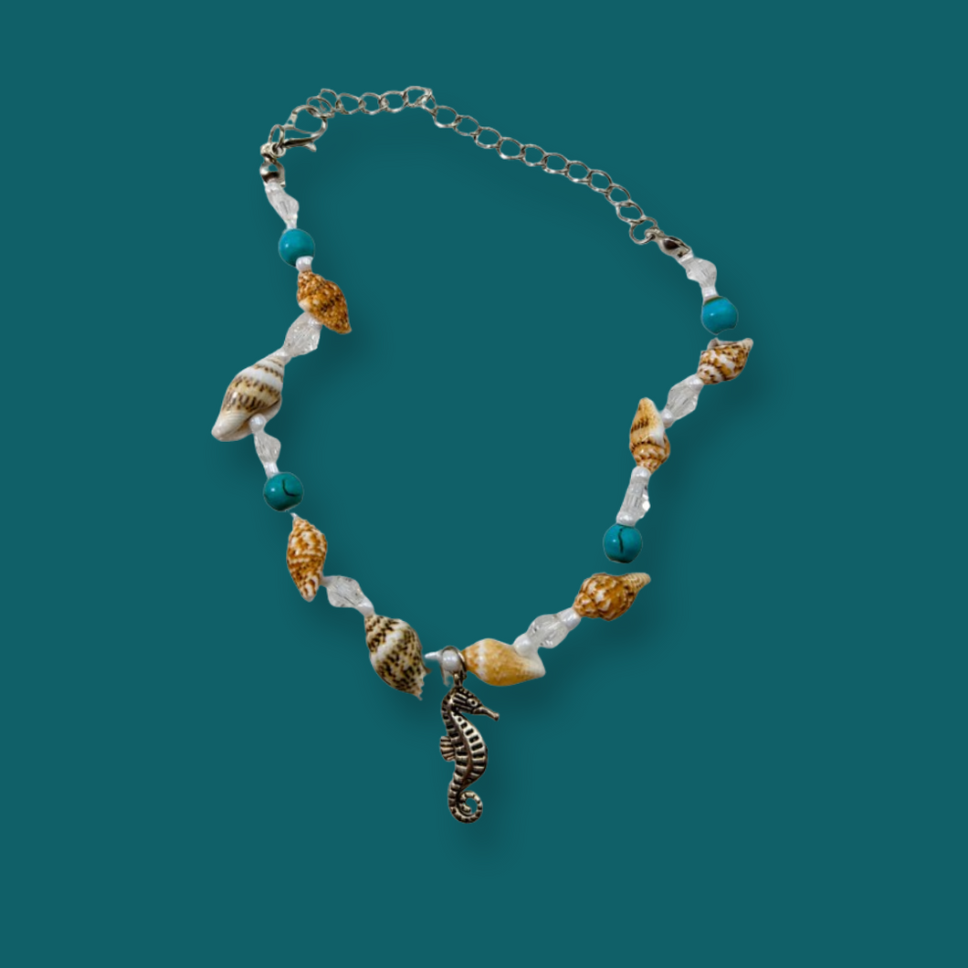 Seahorse shell with Tibetan turquoise, Anklet