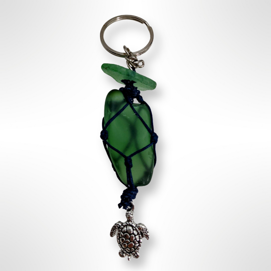 Netted, Sea glass, Turtle charm, Keychain - Siren Sea Glass