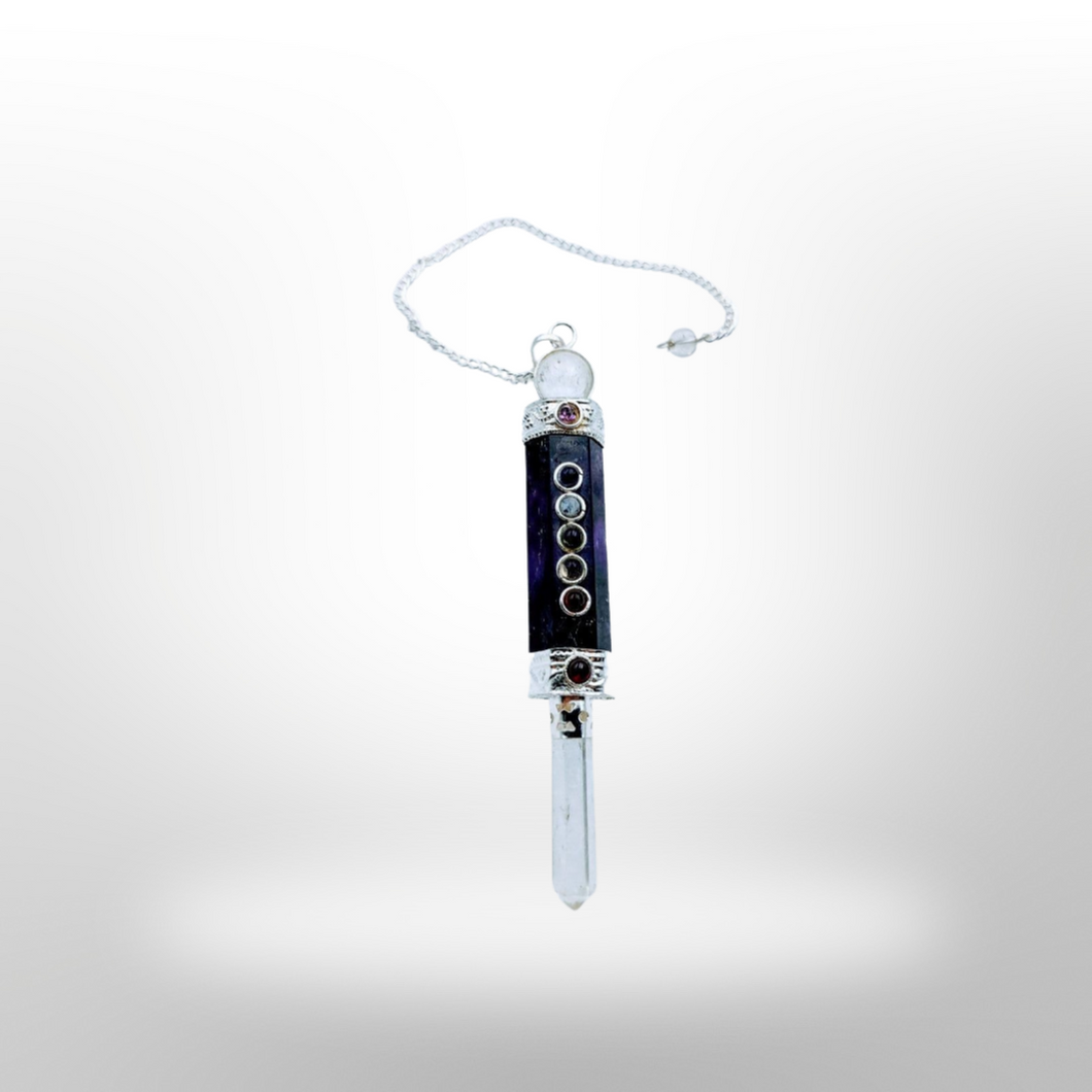 Chakra, Amethyst  & Clear Quartz point, Pendulum & Dowsing kit