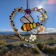 Load image into Gallery viewer, Sun Catcher- Stained Glass Bee in heart -Echo of a Stone