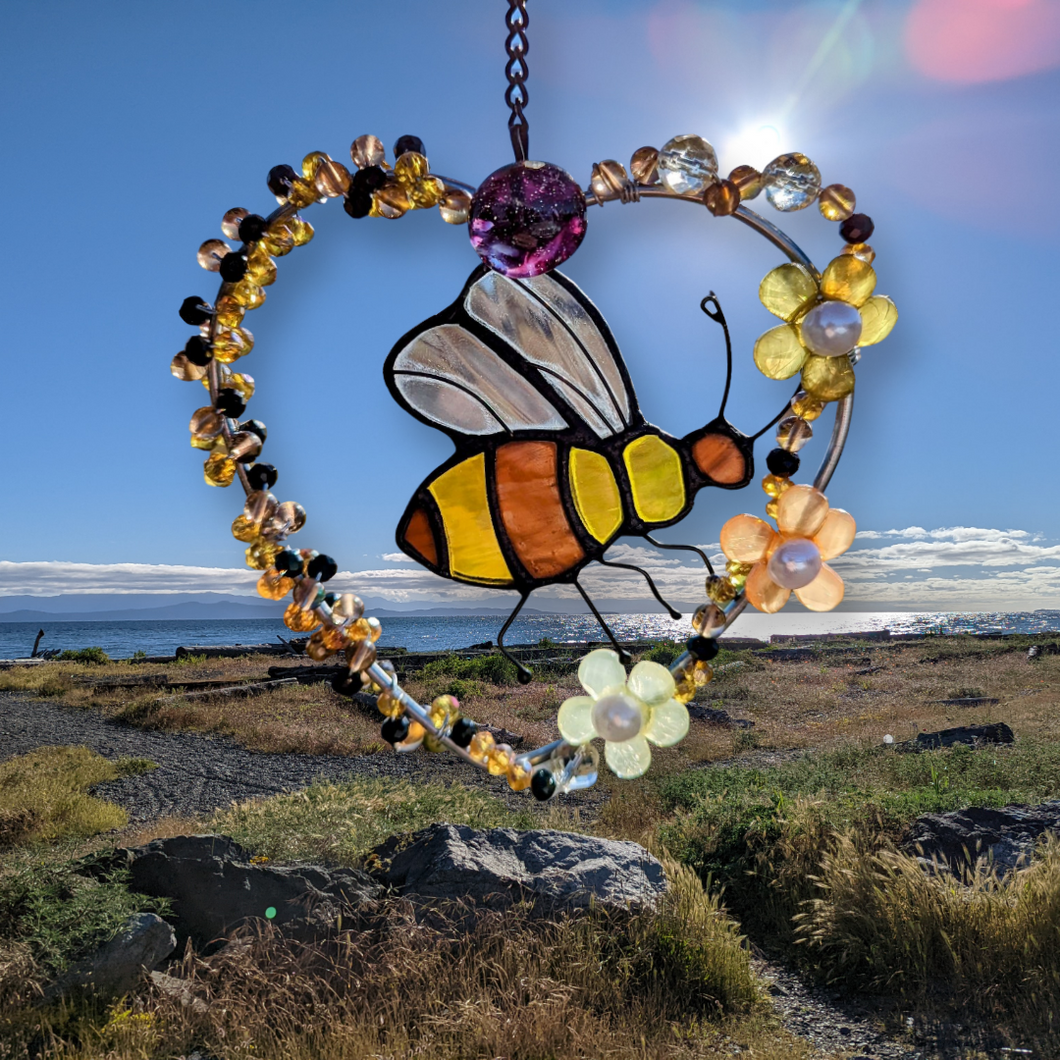 Sun Catcher- Stained Glass Bee in heart -Echo of a Stone
