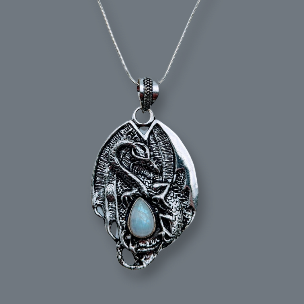 925 Sterling Silver, Dragon with Moonstone, 20