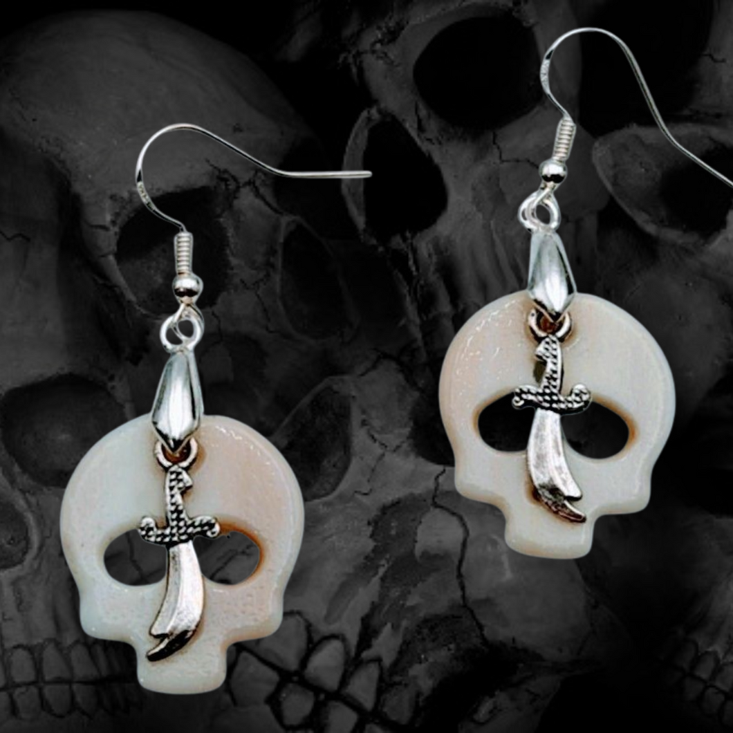 Gothic- 925 Sterling Silver hook, Skull & Dagger, Earrings